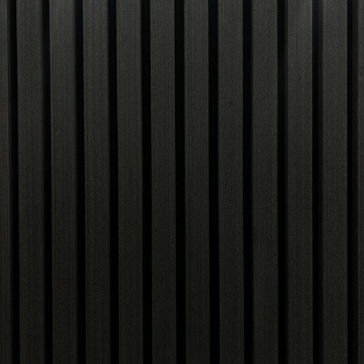 Charcoal acoustic slat wall panel – dark wood slatted soundproof panel for enhanced acoustics and contemporary interior design. Great for home, office, and studio walls.