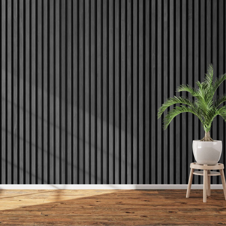 Charcoal acoustic slat wall panel – dark wood slatted soundproof panel for enhanced acoustics and contemporary interior design. Great for home, office, and studio walls.